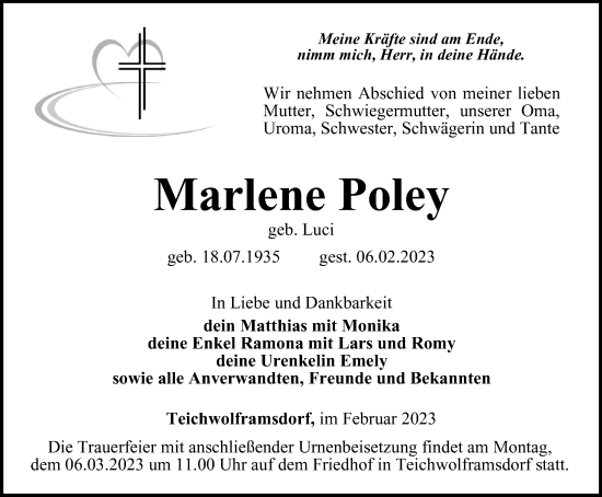 Traueranzeige von Marlene Poley von Ostthüringer Zeitung