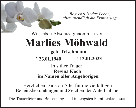 Traueranzeige von Marlies Möhwald von Thüringer Allgemeine, Thüringische Landeszeitung