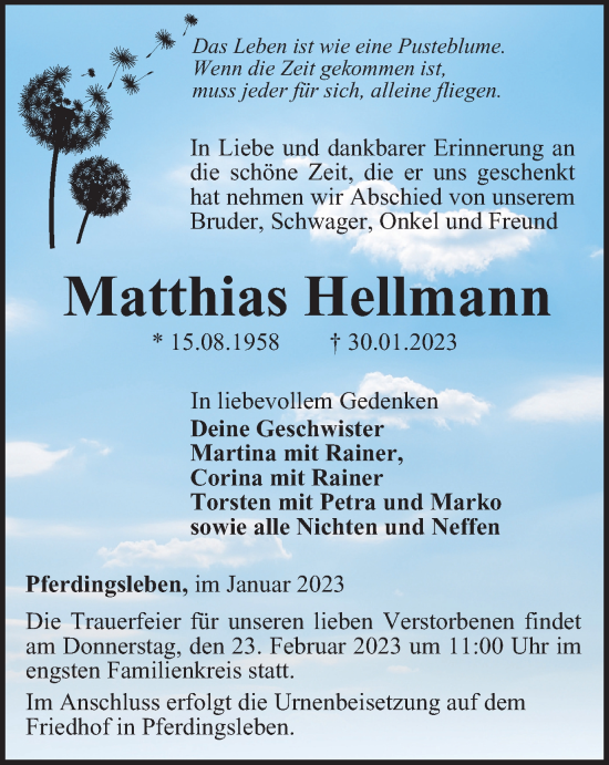 Traueranzeige von Matthias Hellmann von Thüringer Allgemeine, Thüringische Landeszeitung