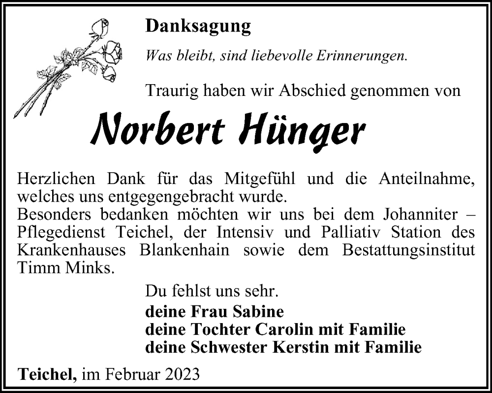  Traueranzeige für Norbert Hünger vom 04.02.2023 aus Ostthüringer Zeitung