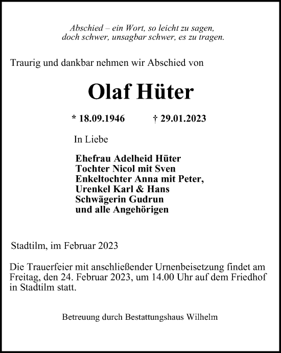 Traueranzeige von Olaf Hüter von Thüringer Allgemeine