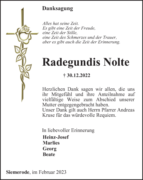 Traueranzeige von Radegundis Nolte von Thüringer Allgemeine