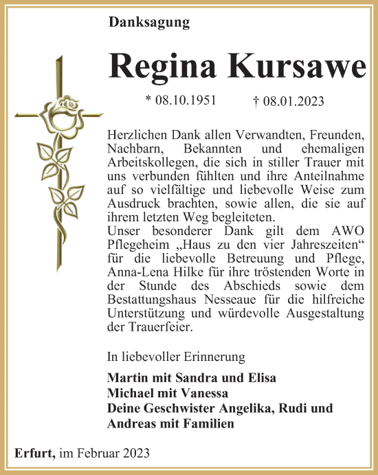 Traueranzeigen Von Regina Kursawe Trauer In Thueringen De