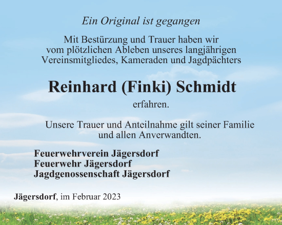 Traueranzeige von Reinhard Schmidt von Ostthüringer Zeitung, Thüringische Landeszeitung