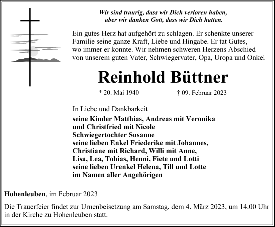 Traueranzeige von Reinhold Büttner von Ostthüringer Zeitung