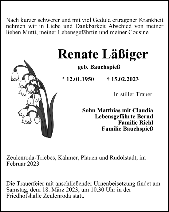 Traueranzeige von Renate Läßiger von Ostthüringer Zeitung