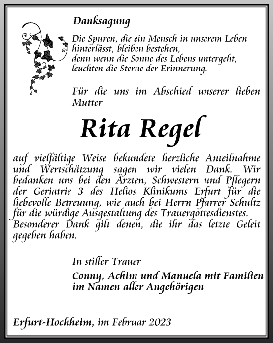 Traueranzeige von Rita Regel