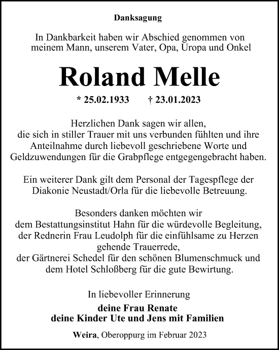 Traueranzeige von Roland Melle