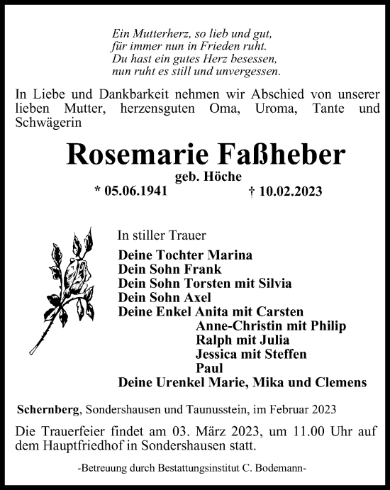 Traueranzeige von Rosemarie Faßheber