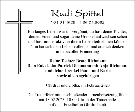 Traueranzeige von Rudi Spittel von Thüringer Allgemeine, Thüringische Landeszeitung