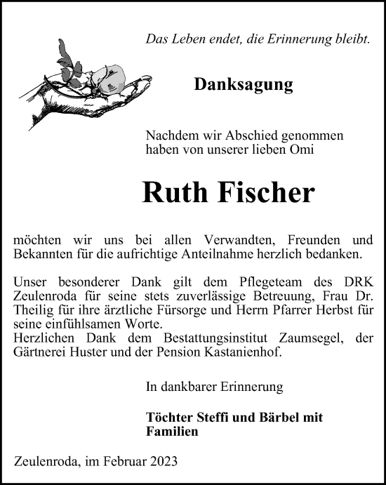 Traueranzeige von Ruth Fischer von Ostthüringer Zeitung