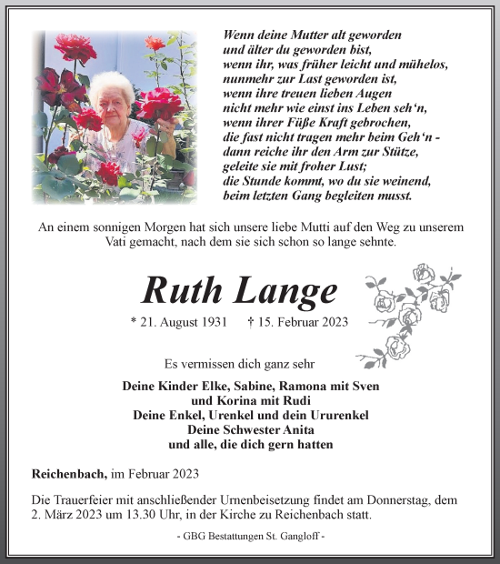 Traueranzeige von Ruth Lange von Ostthüringer Zeitung