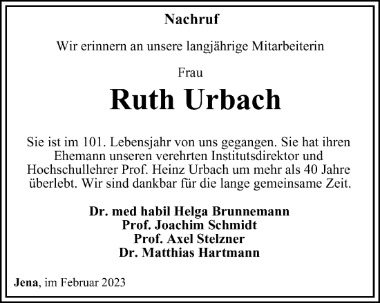 Traueranzeige von Ruth Urbach von Ostthüringer Zeitung, Thüringische Landeszeitung