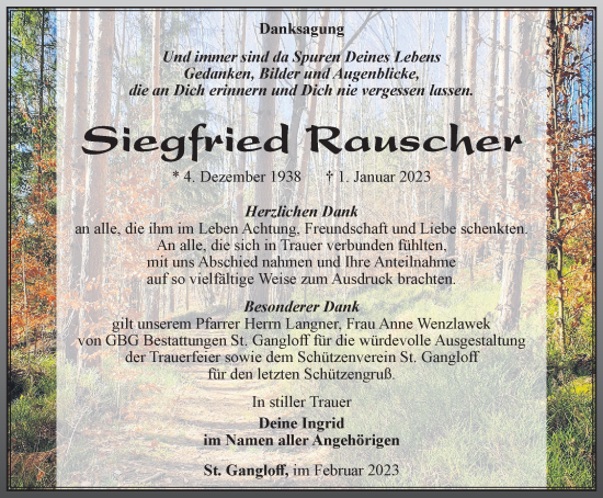 Traueranzeige von Siegfried Rauscher von Ostthüringer Zeitung