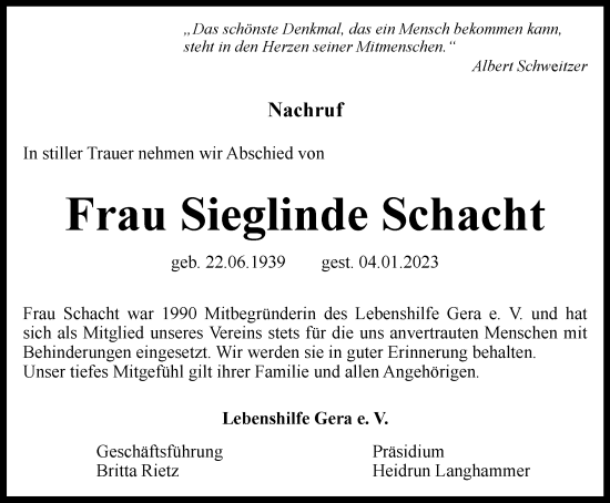 Traueranzeige von Sieglinde Schacht von Ostthüringer Zeitung
