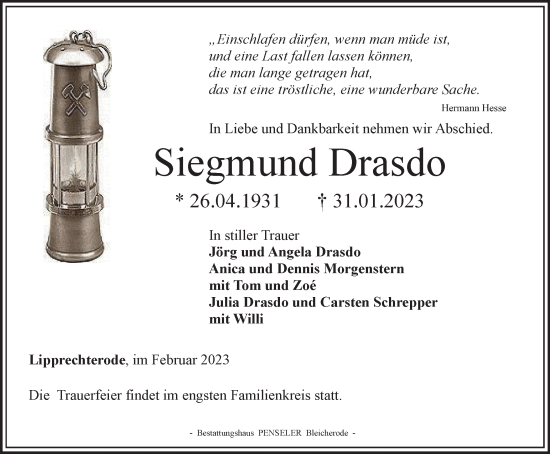 Traueranzeige von Siegmund Drasdo von Thüringer Allgemeine