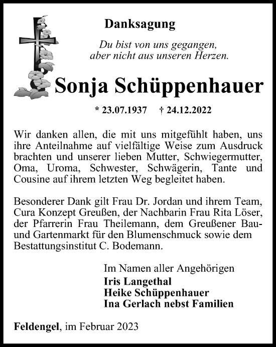 Traueranzeige von Sonja Schüppenhauer von Thüringer Allgemeine