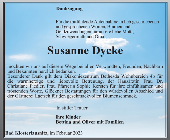 Traueranzeige von Susanne Dycke von Ostthüringer Zeitung