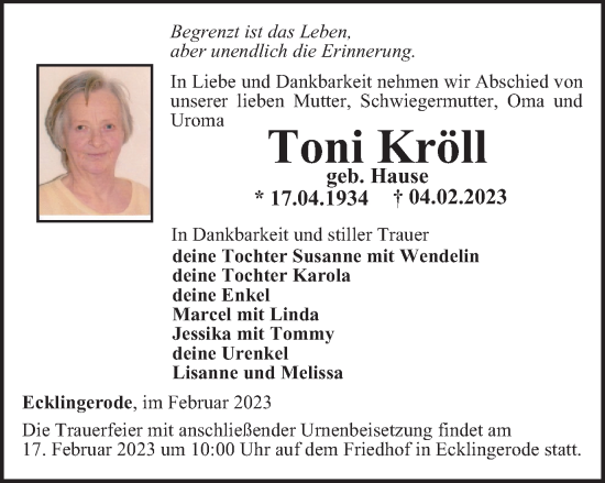 Traueranzeige von Toni Kröll von Thüringer Allgemeine