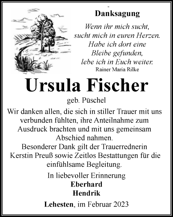 Traueranzeige von Ursula Fischer von Ostthüringer Zeitung, Thüringische Landeszeitung