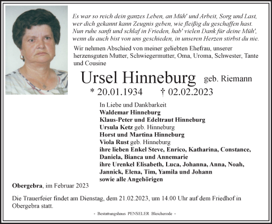 Traueranzeige von Ursula Hinneburg von Thüringer Allgemeine