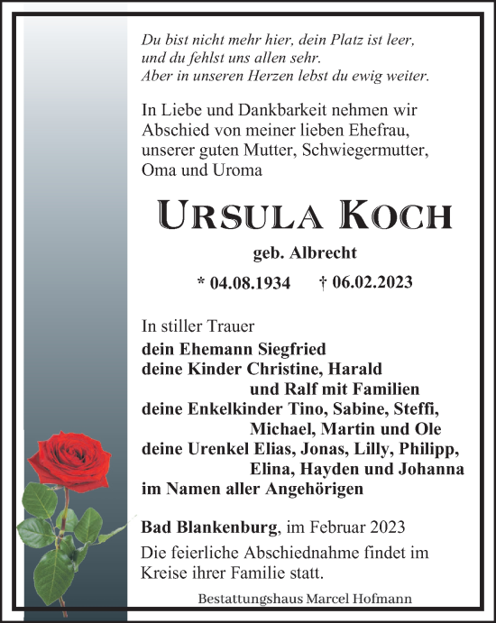 Traueranzeige von Ursula Koch von Ostthüringer Zeitung