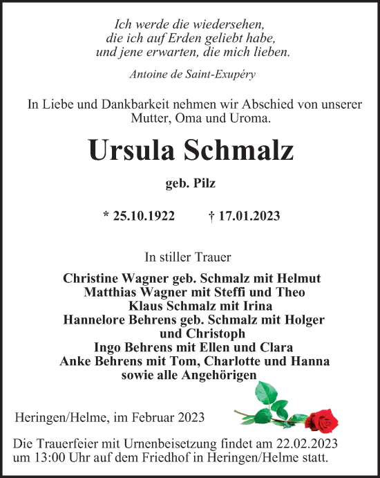 Traueranzeige von Ursula Schmalz von Thüringer Allgemeine