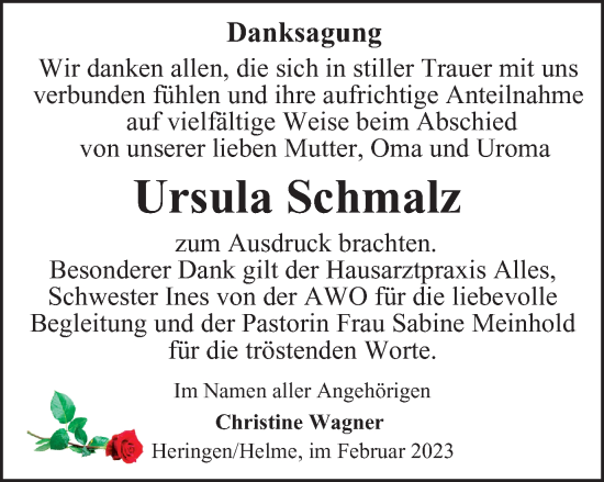 Traueranzeige von Ursula Schmalz von Thüringer Allgemeine