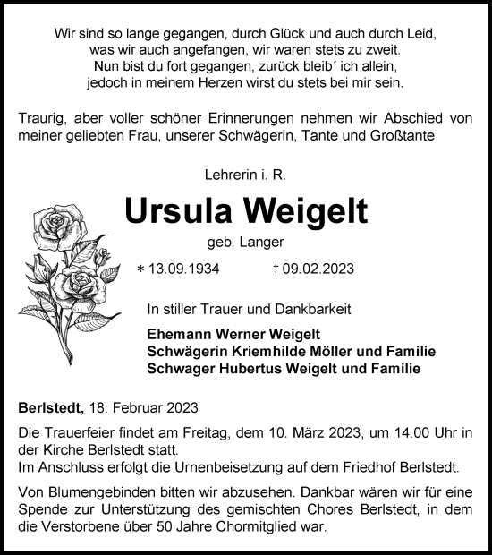 Traueranzeige von Ursula Weigelt von Thüringer Allgemeine, Thüringische Landeszeitung