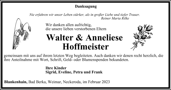 Traueranzeige von Walter und Anneliese Hoffmeister