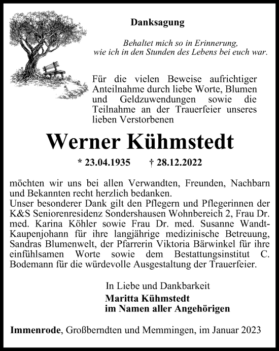 Traueranzeige von Werner Kühmstedt von Thüringer Allgemeine