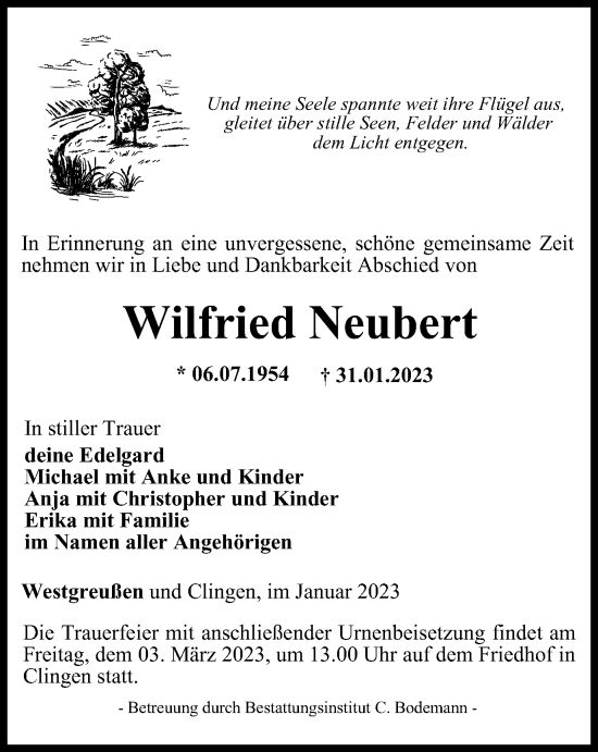 Traueranzeige von Wilfried Neubert