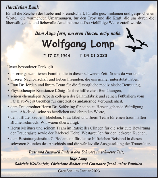 Traueranzeige von Wolfgang Lomp