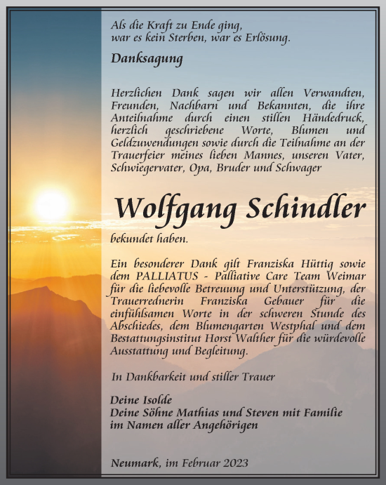 Traueranzeige von Wolfgang Schindler