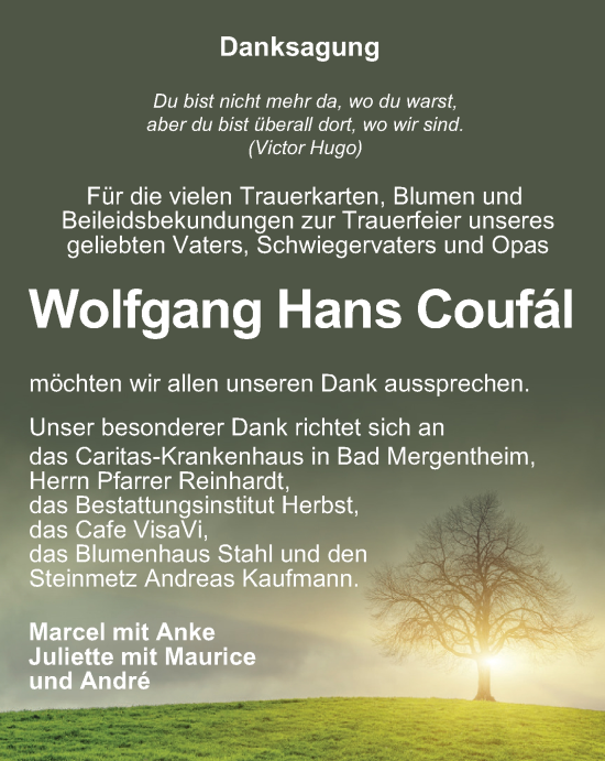 Traueranzeige von Wolfgang Hans Coufál von Thüringer Allgemeine, Thüringische Landeszeitung