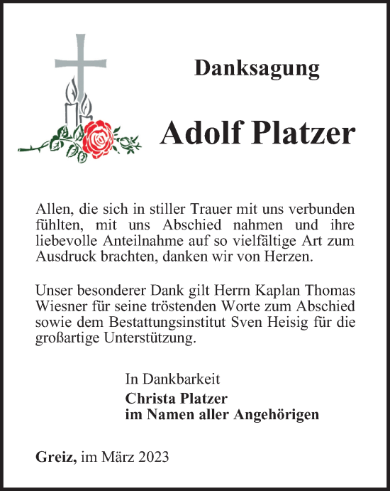 Traueranzeige von Adolf Platzer von Ostthüringer Zeitung