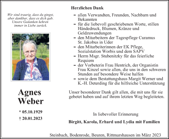 Traueranzeige von Agnes Weber von Thüringer Allgemeine