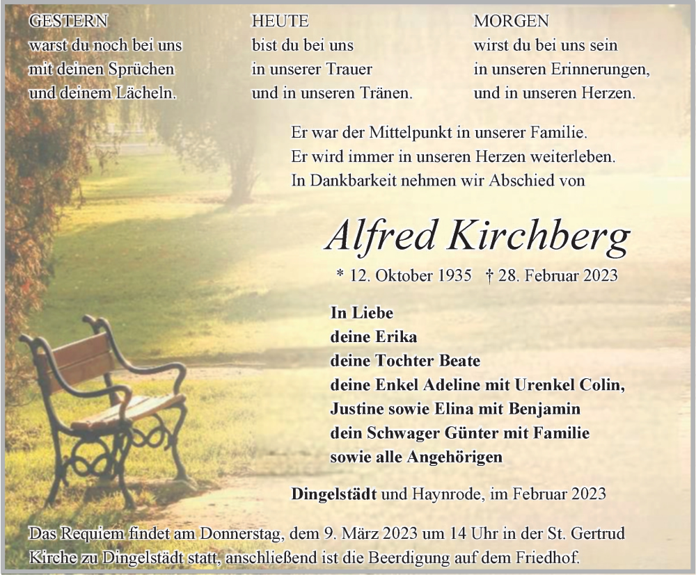  Traueranzeige für Alfred Kirchberg vom 04.03.2023 aus Thüringer Allgemeine