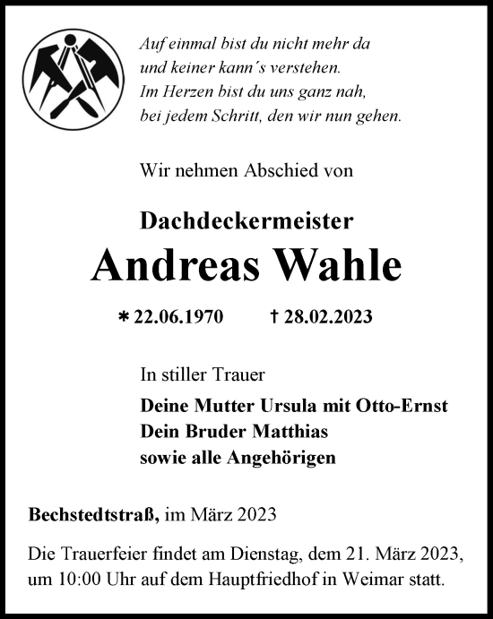 Traueranzeige von Andreas Wahle von Thüringer Allgemeine, Thüringische Landeszeitung
