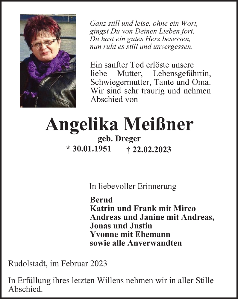  Traueranzeige für Angelika Meißner vom 11.03.2023 aus Ostthüringer Zeitung