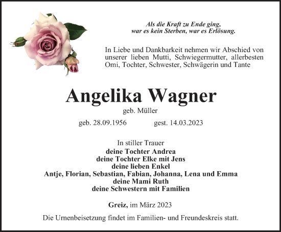 Traueranzeige von Angelika Wagner von Ostthüringer Zeitung