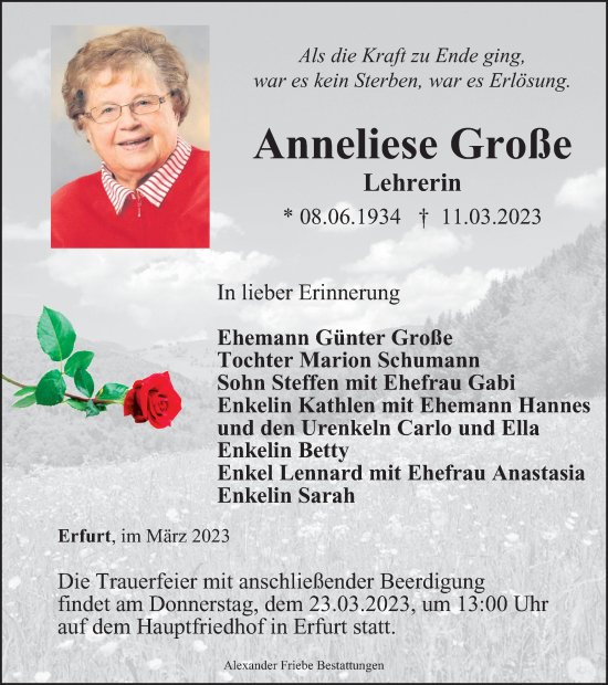Traueranzeige von Anneliese Große von Thüringer Allgemeine, Thüringische Landeszeitung