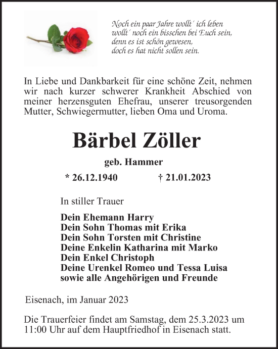 Traueranzeige von Bärbel Zöller von Thüringer Allgemeine, Thüringische Landeszeitung