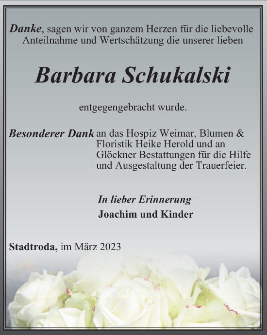 Traueranzeige von Barbara Schukalski von Ostthüringer Zeitung