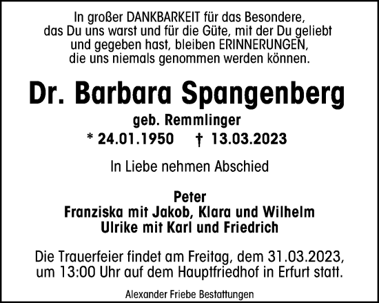 Traueranzeige von Barbara Spangenberg von Thüringer Allgemeine, Thüringische Landeszeitung