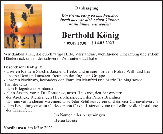 Traueranzeige von Berthold König