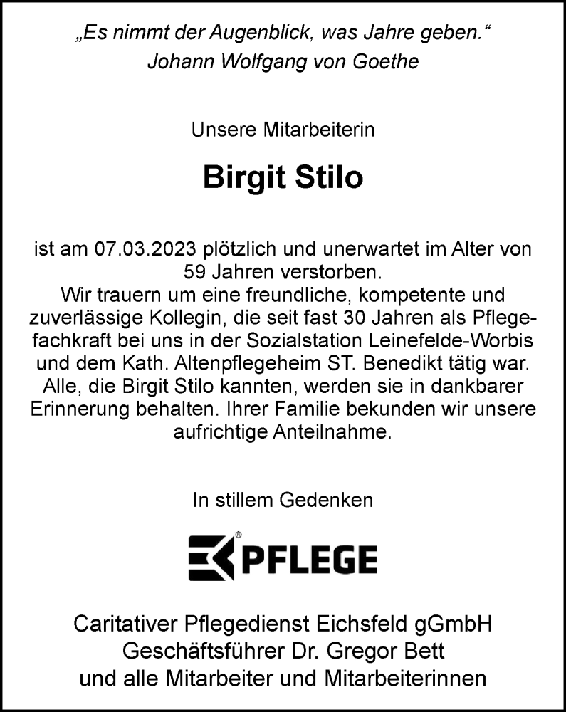  Traueranzeige für Birgit Stilo vom 25.03.2023 aus Thüringer Allgemeine