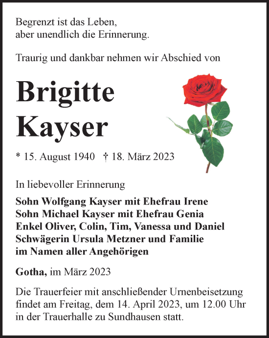 Traueranzeige von Brigitte Kayser von Thüringer Allgemeine, Thüringische Landeszeitung