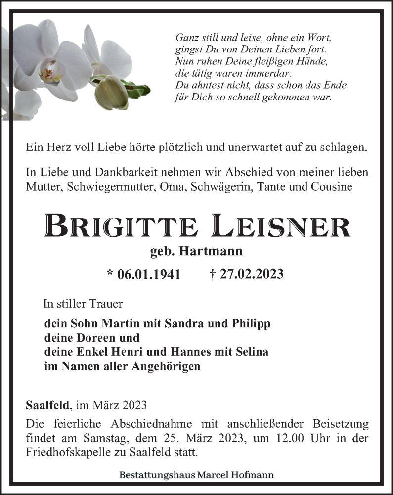  Traueranzeige für Brigitte Leisner vom 18.03.2023 aus Ostthüringer Zeitung