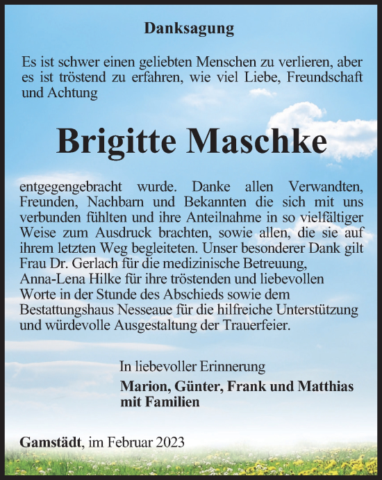 Traueranzeige von Brigitte Maschke von Thüringer Allgemeine, Thüringische Landeszeitung